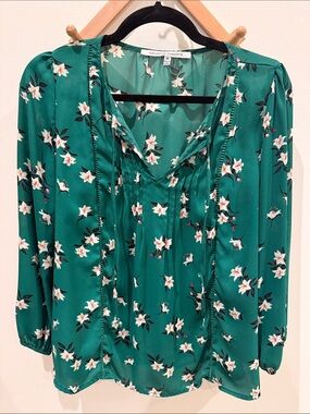 Collective Concepts Teal Green Floral V-Neck Tie Blouse